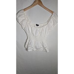 Kendall & Kylie Womens White Smocked Waist Babydoll Top Sz M Linen Blend Coastal